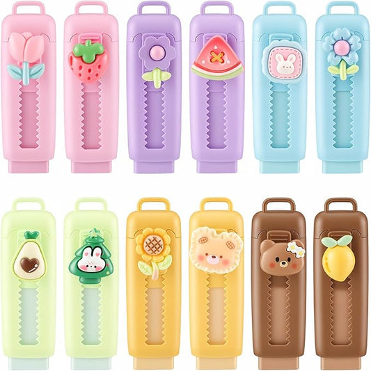 BESARME 12 PCS Retractable Eraser, Cute Erasers Classroom Prizes Fun erasers for School Office Birthday Party Favors Goodie Bag Stuffers End of The Year Gifts for Students