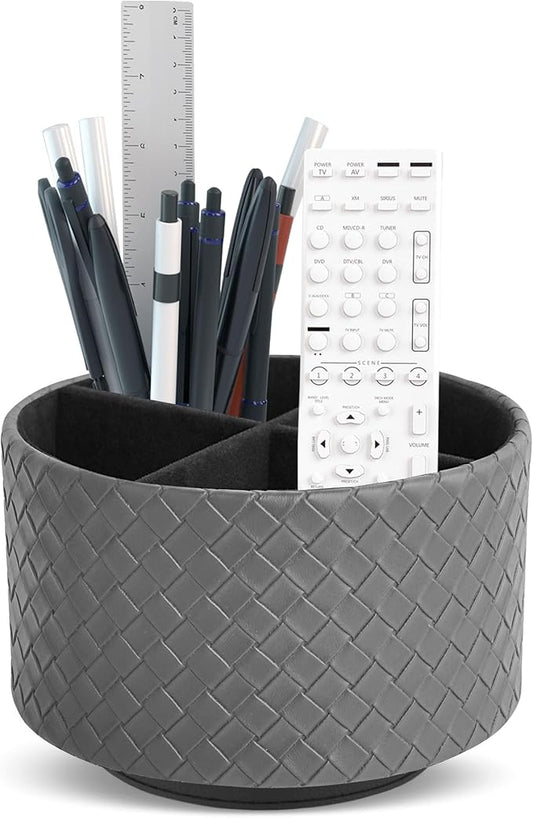 Round Leather Art Supply Organizer,Remote Control Holder,360 Degree Spinning,Multi-Functional Pencil Holder,4 Compartments Desktop Stationary Organizer(1-Weave Grey)