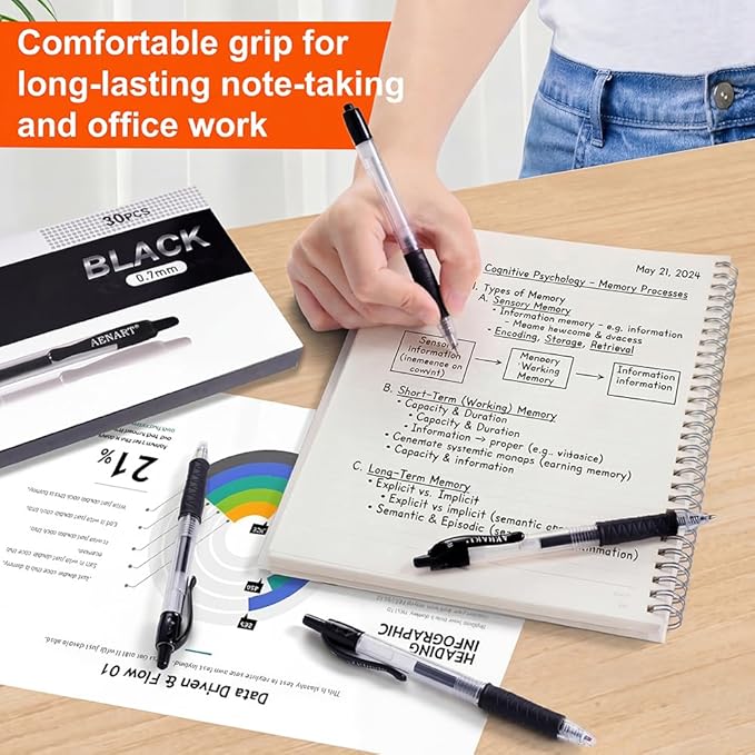Aen Art Gel Pens Black 0.7mm Fine Point 30 Retractable Gel Ink Pens with Rubber Grip - Quick Dry Roller Pen for Writing, Office, School