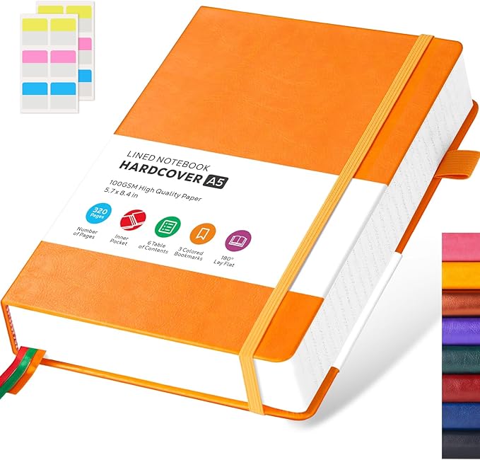 FOCUS DAY Hardcover Leather Notebooks College Ruled, 320 Pages Notebook Journals for Writing Note Taking Women & Men, A5 (5.7'' X 8.4'') Daily Notebook Journal, Orange