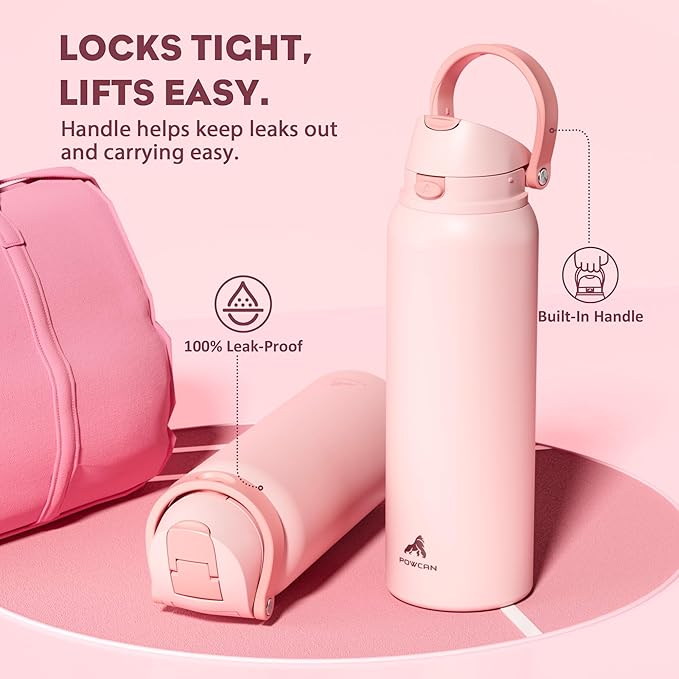 POWCAN 40 oz Insulated Water Bottle for Sports: 2-in-1 Lid with Push-Button Spout & Quick-Flip Straw, Leakproof, Car Cupholder Friendly, Stainless Steel for Gym, School, Travel, Camping (Cotton Candy)