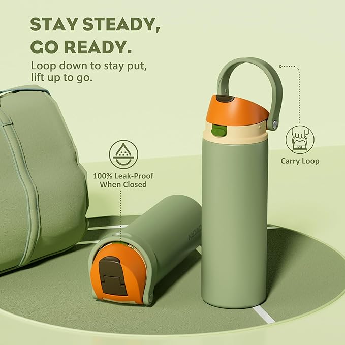 POWCAN 24 oz Metal Sports Water Bottle: 2-in-1 Push-Button Spout & Quick-Flip Straw, Leakproof, Cold 24 Hrs, Fits Car Cup Holder, Insulated Bottle for Hiking, Camping, School, Travel Gift (Olive Cool)
