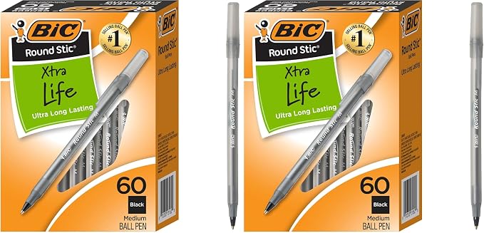 BIC Round Stic Xtra Life Ballpoint Pens, Medium Point (1.0mm), Black, 60-Count Pack, Flexible Round Barrel For Writing Comfort (GSM609-BLK) 60 Count (Pack of 2)