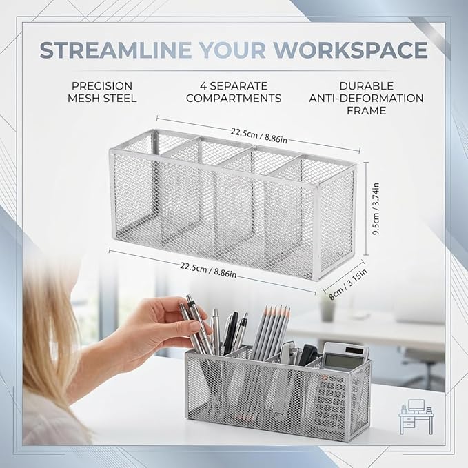 Metal Pen Holder, Pencil Holder 4 Compartments, Mesh Pen Storage Pencil Organizer Cup Makeup Brush Holder for Office Desk Accessories, Silver