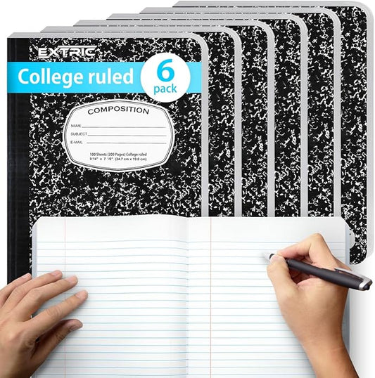 EXTRIC Composition Notebook College Ruled – 6 Pack College Ruled Notebooks for School, 200 Pages (100 Sheets) No Bleed Composition Book Black Marble 9.75 x 7.5 in