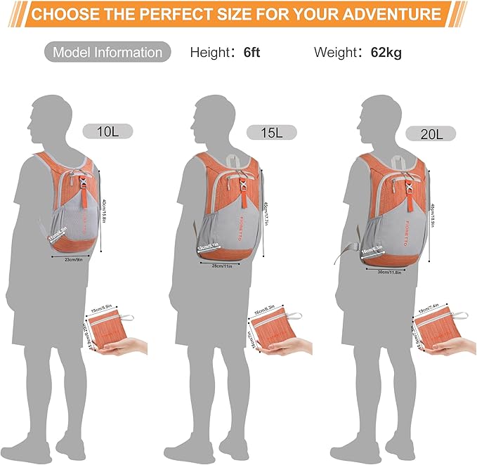 FIORETTO 10L/15L/20L Hiking Backpack for Women Men Mini Packable Backpack Lightweight Small Daypack for Travel Camping