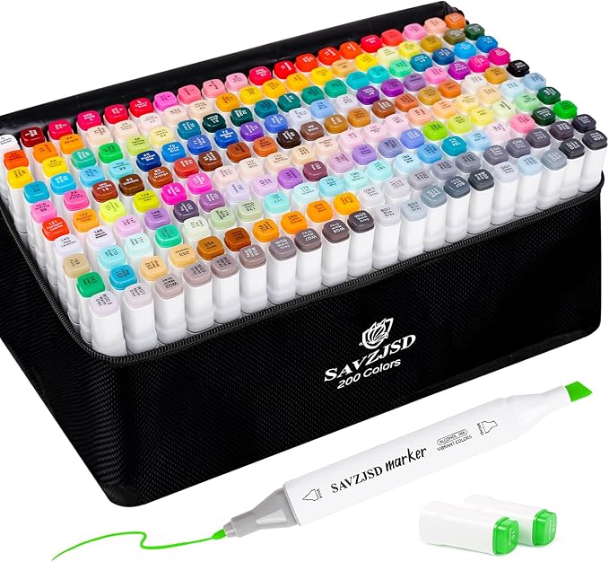 SAVZJSD Alcohol Markers, 200 Colors Alcohol Markers Set, Dual Tip Markers for Adults, Artists in Coloring, Sketching & Drawing (Fine & Broad)