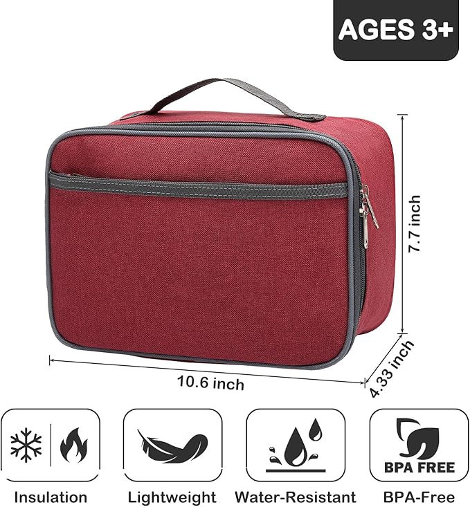 FlowFly Kids Lunch box Insulated Soft Bag Mini Cooler Back to School Thermal Meal Tote Kit for Girls, Boys,Women,Men, Deep Red