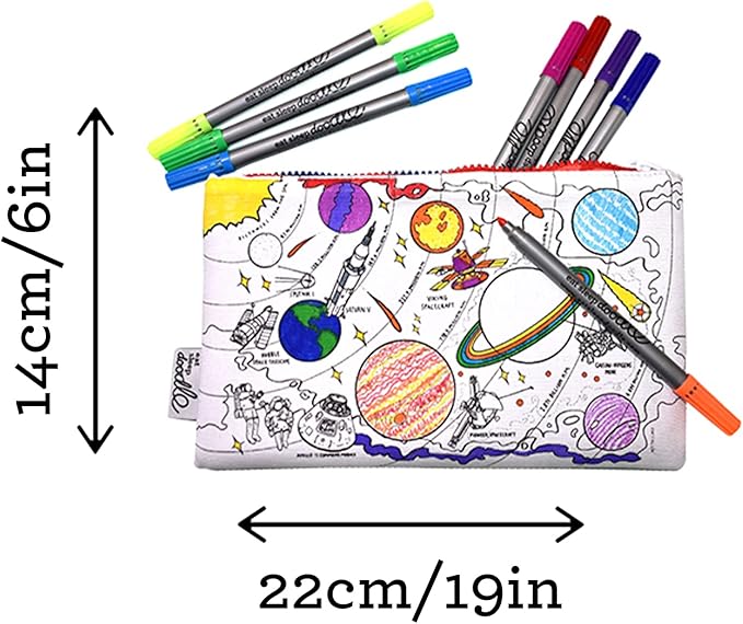 eatsleepdoodle DIY Coloring Solar System Pencil Case for Kids with 10pcs Washable Markers, Reusable Art Supply Organizer, Fun Arts & Crafts Activity for Boys & Girls, Creative Gift Idea for Ages