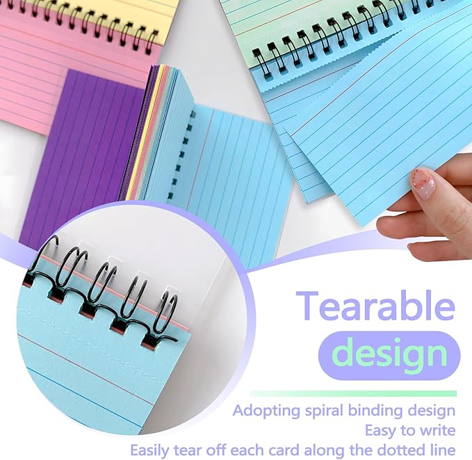 4 Packs 200 Sheets 4.9" x 2.9" 5 Colors Spiral Index Cards with Ring & Covers, Colored Ruled Note Flash Cards, Spiral Bound Paper Flashcards for Studying Office Taking Record (4)