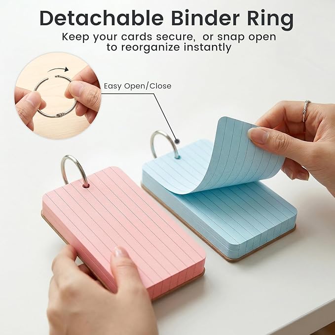 Koogel Index Cards 3x5 Inch with Ring, 300 Count, Colored Ruled Flash Cards for Studying, Heavyweight Lined Notecard for School Office Home Learning Memory Note Taking To Do List Supplies, 6 Colors