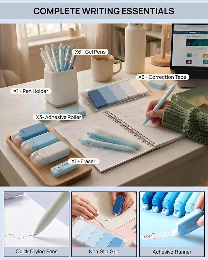 41Pcs Aesthetic Pink Office Supplies Set, All-in-One 5 Compartments Desk Organizer Kit with Large Capacity Pen Pouch, A5 Notebook for Women & Journaling (blue)