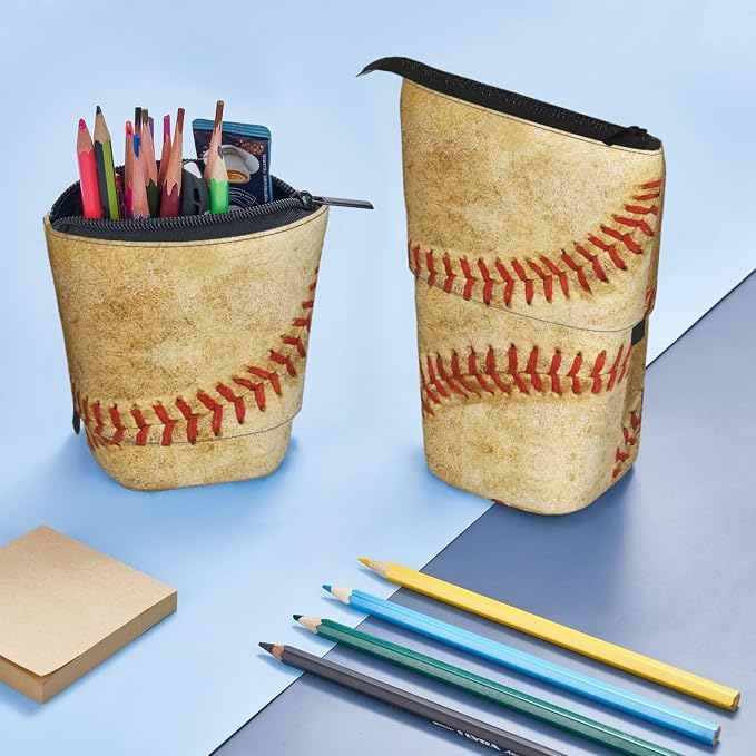 Retro Baseball Kids Standing Pencil Case Girls Boys Telescopic Stationary Pouch with Zipper Large Capacity Stand up Pen Bag Portable Makeup Holder for Children School Students Office Supplies