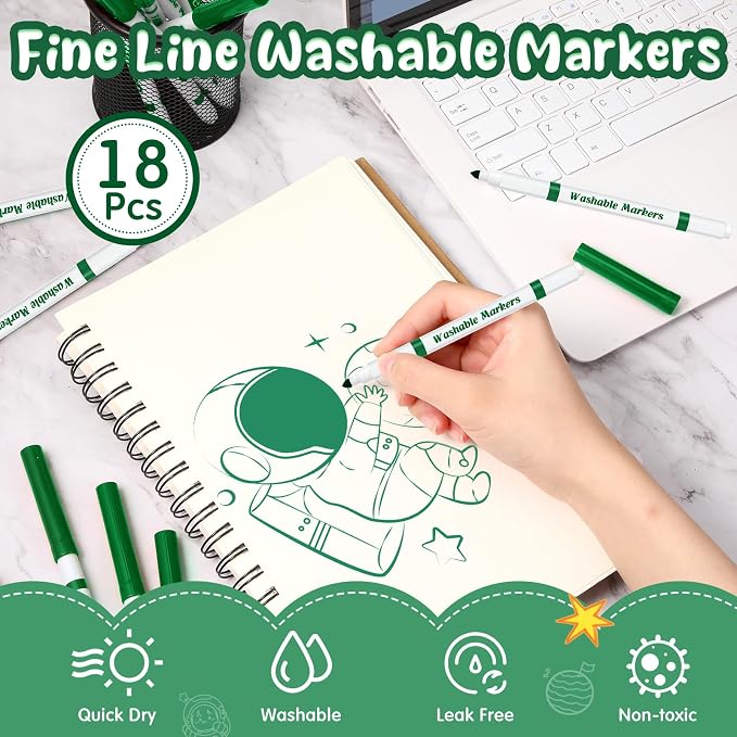 Fullhawl 18 Pcs Line Washable Markers Dark Green Fine Tip Markers for Kid