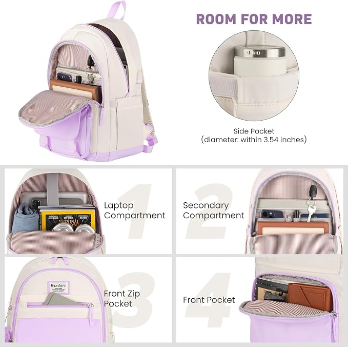 WINDARS School Backpack for Teen Girls, Cute College Backpacks for Women Students Aesthetic Bookbag Large 15.6 Inch Laptop Bag Middle School Travel Back Pack (Purple Beige)