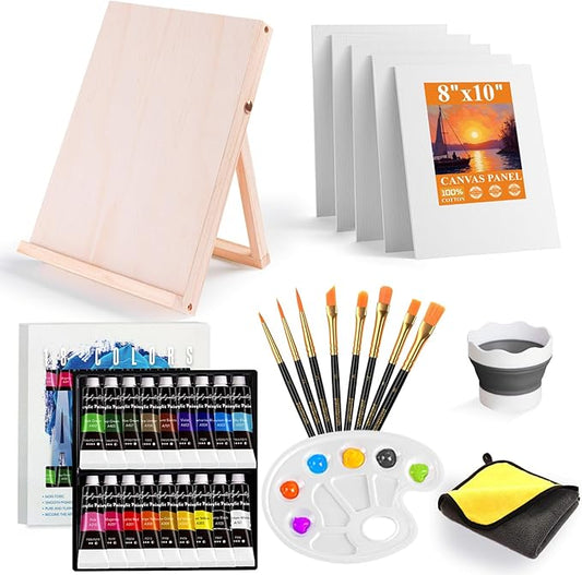 Paint Set, Acrylic Paint Set for Kids & Adults - Painting Supplies with 18 Acrylic Paints, 8 Painting Brushes, 5 Canvas Panels, etc