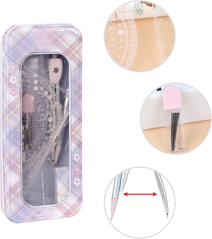 LABANCA 8 Pcs Compass Set with Protractor Rulers Pencil for Math Geometry (07434 Pink)