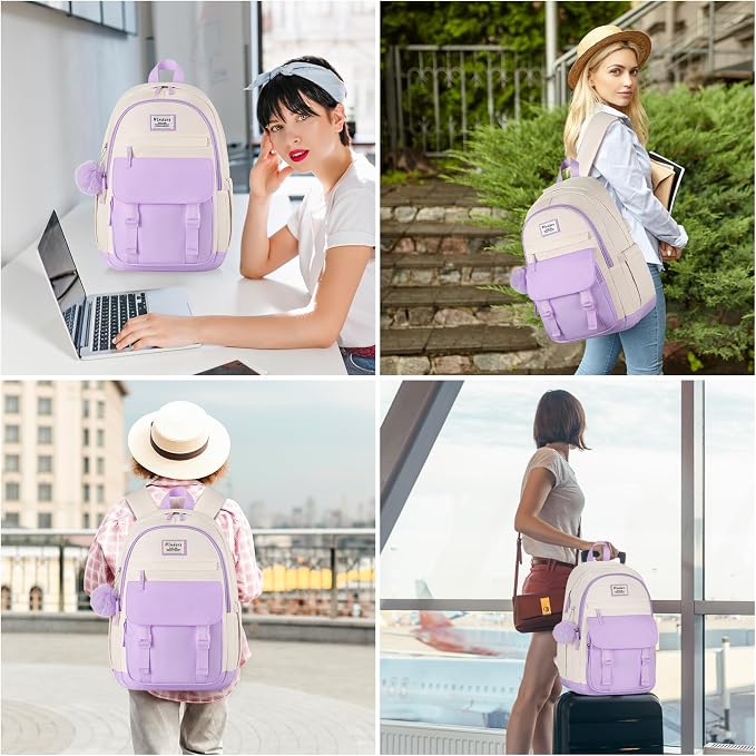 WINDARS School Backpack for Teen Girls, Cute College Backpacks for Women Students Aesthetic Bookbag Large 15.6 Inch Laptop Bag Middle School Travel Back Pack (Purple Beige)