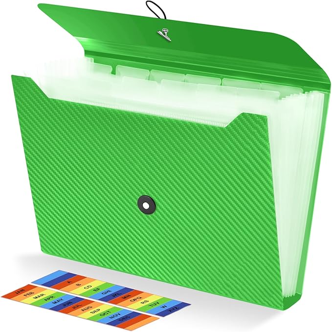 Expanding File Folder, 13 Pockets Accordian File Holder Organizer, A4 Letter Size Paper Document Receipt Organizer Accordion Filing Folder for Classroom, Home, Office and Travel, Green