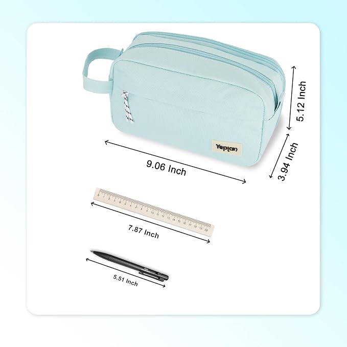 Yeplan Mint Green Pencil Case with Handle,Large Capacity Pencil Pouch | 3 Compartments Pencil Bag,Cute Pencil Case with Zipper,Stationery Storage for Teen and Adult,Pencil Case For Girls