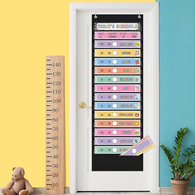 Pasimy Daily Schedule Pocket Chart for Classroom 15+1 Pockets with 31 Double Sided Reusable Cards 2 Magnetic Erasable Pens & Hangers Visual Schedule Chart School Office Home Decor(Black,Composition)