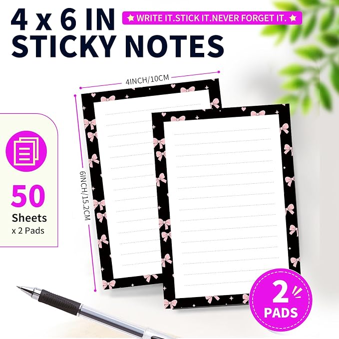 Lined Sticky Notes 4x6 in, 2 Pack Large Cute Notepads with Lines Self-Stick Note Pad, Funny Memo Pads Strong Adhesive for Office, Home Black Cute Pink Bowtie