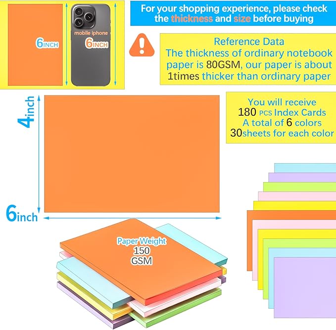 180PCS Blank Colored Index Cards 4 x 6 Inch Flash Cards, Colored Note Card Flashcards, Colorful Blank Index Card Note Pad 4 x 6 Study Notecards for School Office College Supply