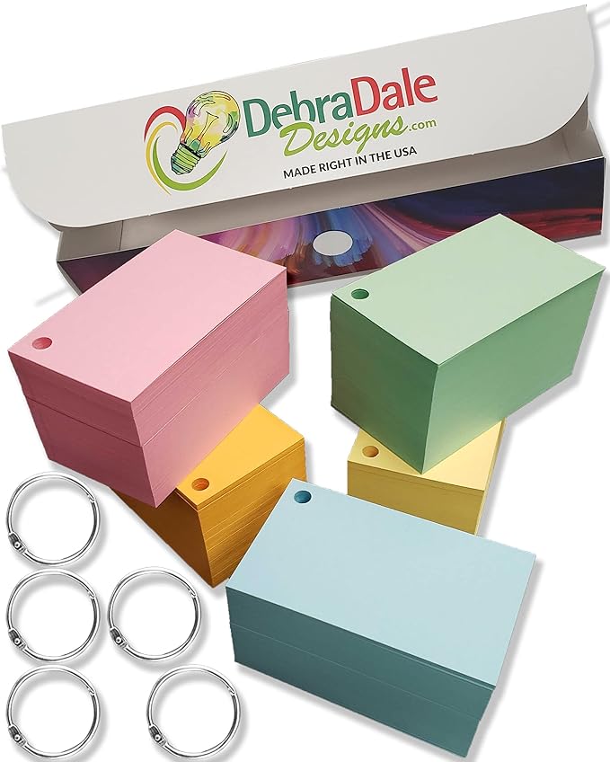 Debra Dale Designs Mini Flash Cards 1100 Count Blank Cards in 5 Colors with 5 Binder Rings and Storage Box 2 x 3.5 Inch 147 gsm Unruled Made in USA