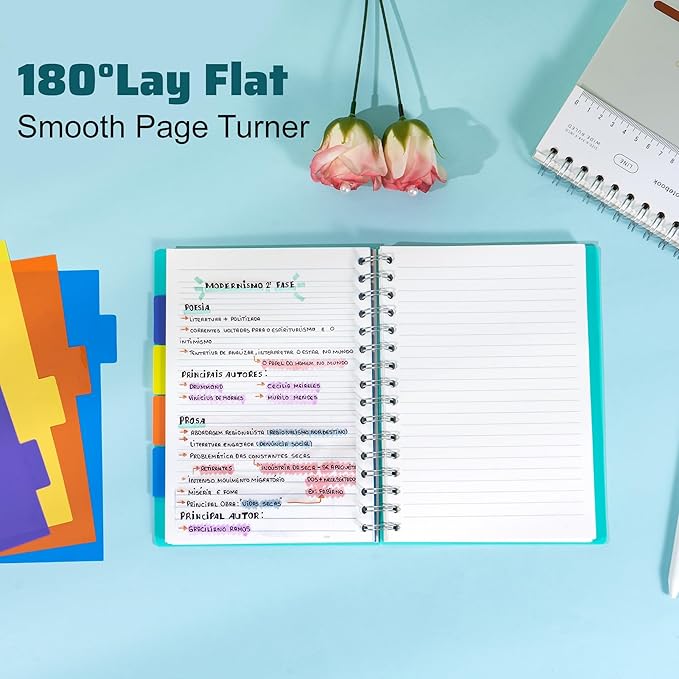 Yoment 2 Pack 5 Subject Notebook Wide Ruled Spiral Notebooks 5x7 with Removable Dividers Tabs, 200 Pages Small Notebooks for Work A5 Spiral Bound Journal for School Office, Blue&Blue