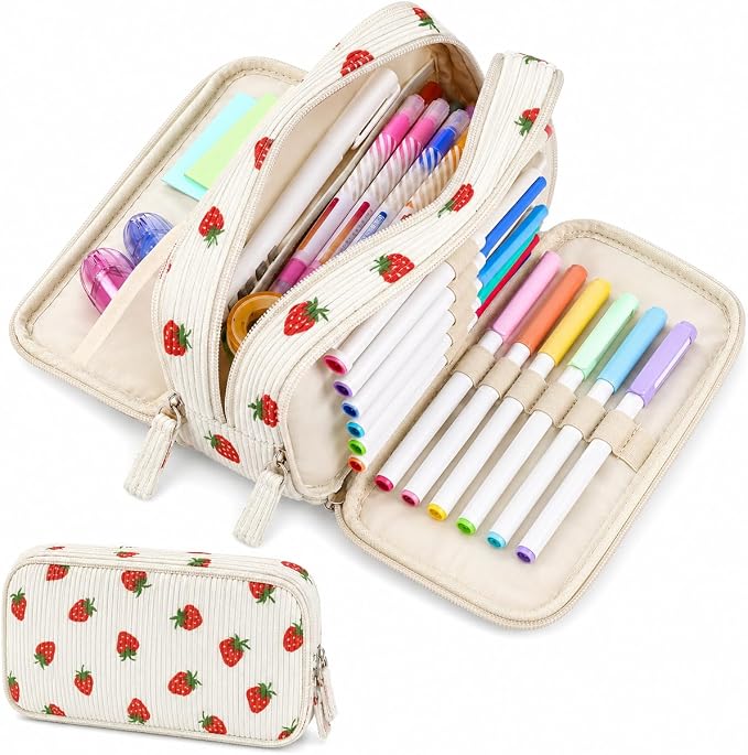 Sooez Big Capacity Pencil Case Pen Pouch, Soft Corduroy Pencil Bag with 3 Compartment, Multiple Pockets, Sturdy Zipper, Cute School Supplies Pen Bag Organizer For Teen Girls-Strawberry