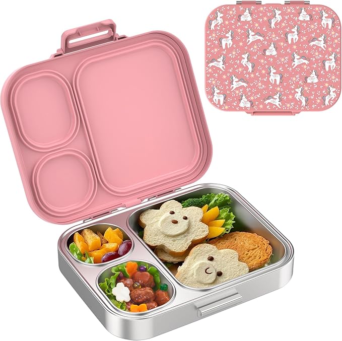 LOHASOK Stainless Steel Kid Lunch Box, Leak-Proof with free sealing Bento Box 3 Compartments Pink Girl