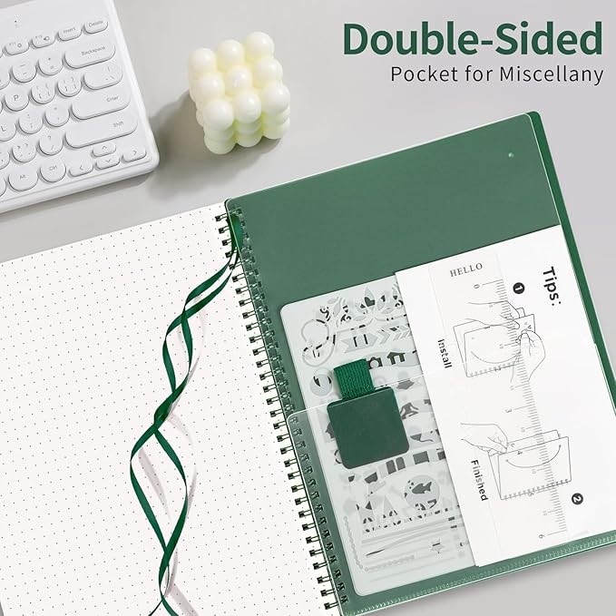 AHGXG Dotted Journal - Dot Grid Spiral Notebook 8.5" x 11", A4 Large Dotted Notebook, 100 GSM Thick Paper, Waterproof Plastic Cover Journals for Journaling, Sketching, Dark Green