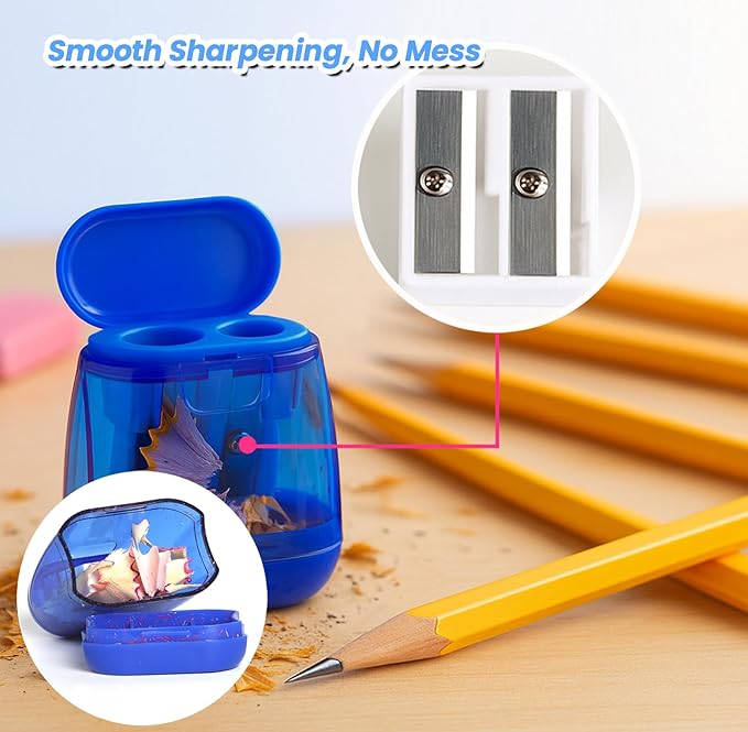 Pencil Sharpener Set (8 Pcs) – 4 Dual Hole Manual Sharpeners + 4 Pencil Top Erasers, Portable Pencil Sharpeners for Kids, Students & Teens, Colored & Jumbo Pencils, School & Classroom
