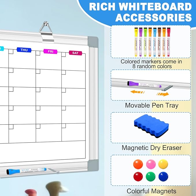 Dry Erase Calendar Whiteboard for Wall, 24" x 18" Magnetic Monthly White Board Calendar with Tray, Hanging Dry Erase Board for Office, Home, School