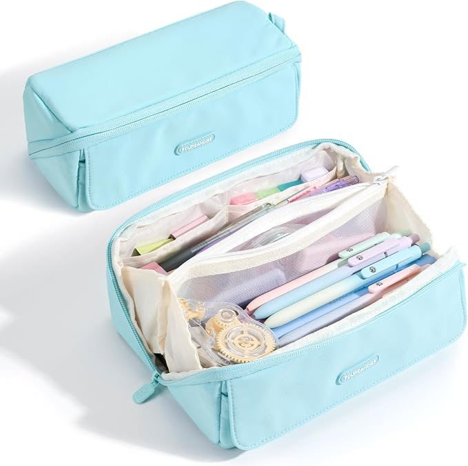 Four Candies Large Pencil Case, 5 Compartments Pen Organize | Big Capacity Pencil Pouch Bag for School Supplies, Portable Stationery Holder for Teen Girls Boy Men Women (Blue Plus)
