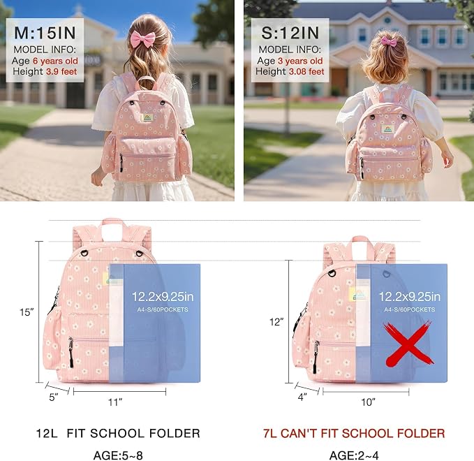 STEAMEDBUN Corduroy Kids Backpack for Girls and Boys 5-8: Girls Backpack for Elementary Kindergarten - 15 inch Cute Backpacks for Kids - Sakura