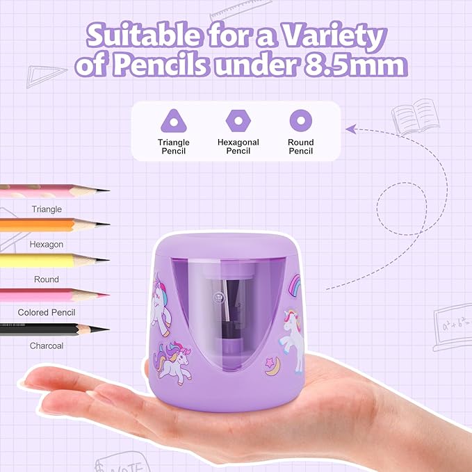 Electric Pencil Sharpeners for Kids, Cute Small Colored Pencil Sharpener for Home Classroom, Pencil Sharpener Electric Plug in, with Unicorn School Supplies,Purple