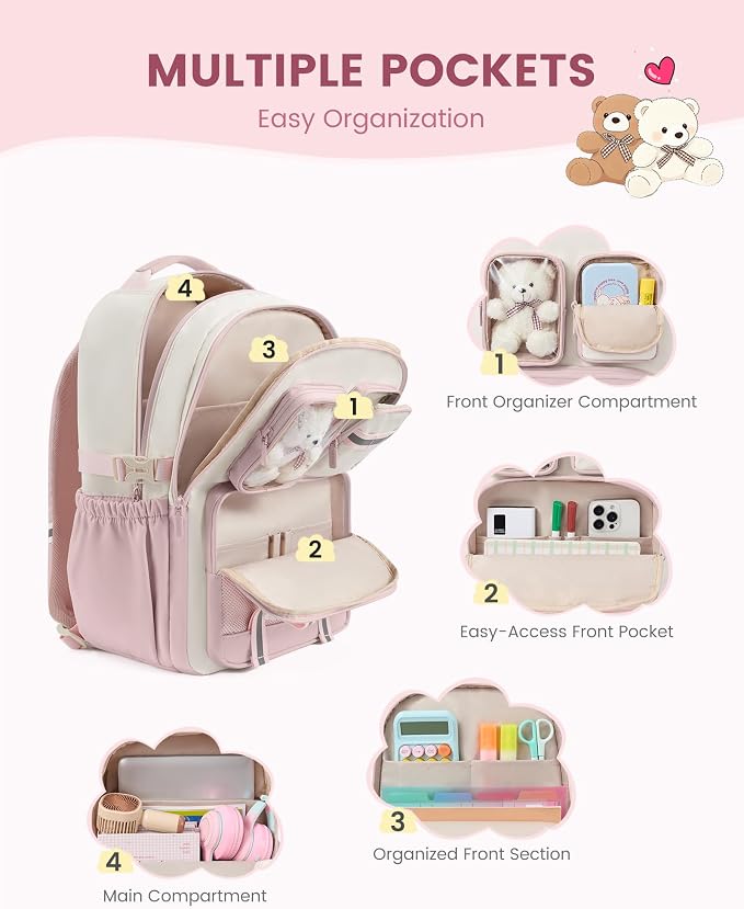 LOVEVOOK Cute School Backpack for Girls Ages 8-14, Bookbag with Plush Bear & Clear Display Pocket, Fits 15.6 Inch Laptop & 40oz Tumbler, Back to School Backpack for Elementary & Middle School