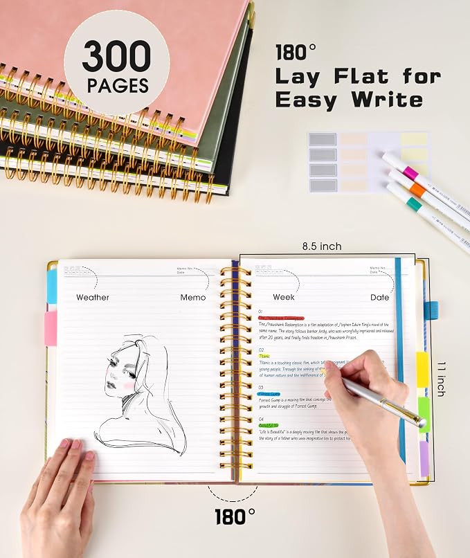 Spiral Notebooks 8.5"x11" for Work with Removable Dividers Tabs,300 Pages 5 Subject Notebook College Ruled,100GMS Notebook journal for School Note taking,Lined Journal for Women,A4 Colorful Feather