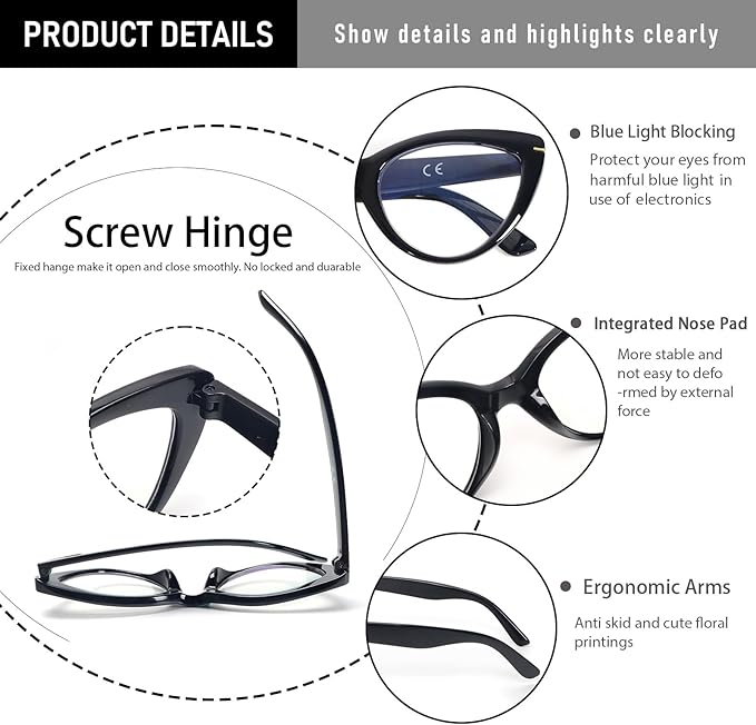 DXYXYO 3 Pack Retro Reading Glasses 1.25 for Women Oversized Cat Eye Blue Light Blocking Readers Magnification Vintange Fashion Cute Computer Eyeglasses