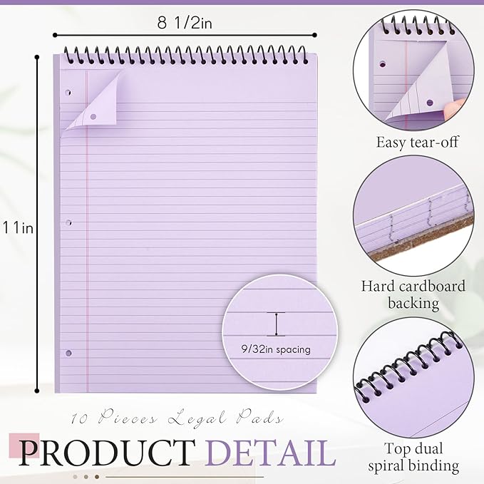MotiMind 10 Pack 8.5" x 11" Top Spiral Notebook with 3 Hole Punched Legal Pads College Ruled Notepad 50 Sheets Hard Cardboard Paper Wirebound Notepad for Office School Business(Green, Blue, Purple)