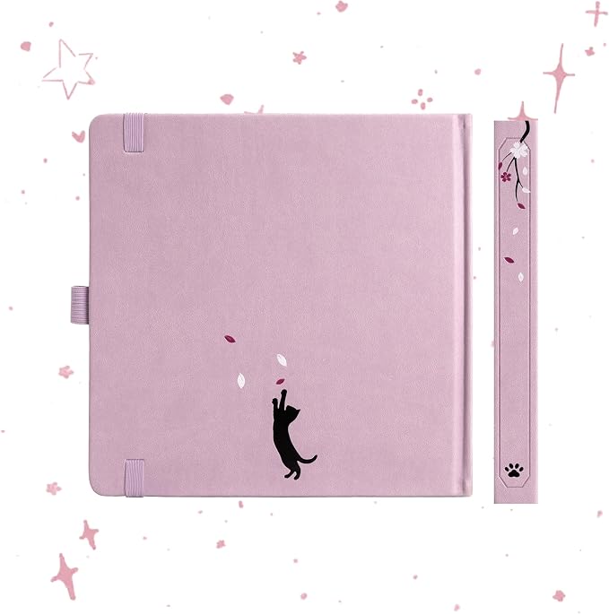 TIEFOSSI Square Dotted Journal, Cute Cat Journal for Women Girls, Dot Notebook with Pretty Sakura Pattern, Aesthetic Diary for Writing Journaling Drawing, Golden Edges, 8 x 8 IN
