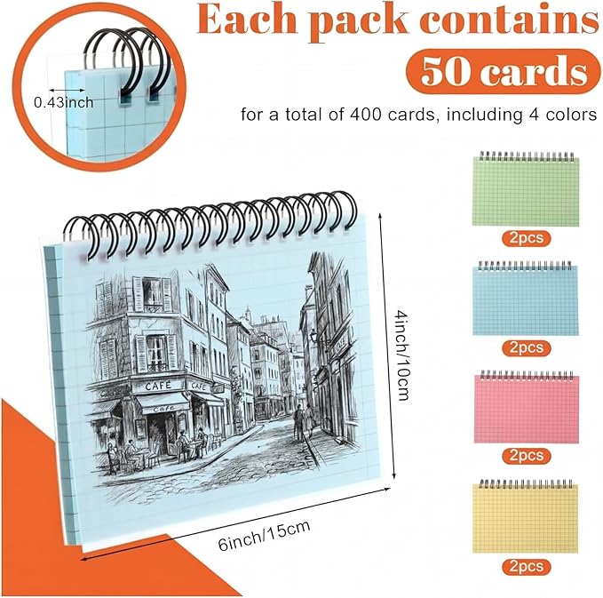 Yahenda 400 Pcs Spiral Index Cards 4x6 Inches Flash Cards with Rings Grid-lined Notecards Index Note Books with Waterproof Cover for Studying Back to School Office Supplies Taking to Do List(Colored)