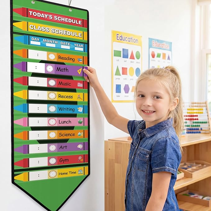 Fullhawl 45 Pcs Crayon Theme Daily Schedule Pocket Chart for Classroom, 13+1 Pockets Kids Schedule Teaching Scheduling Pocket Chart with Cards for Back to School Classroom Decoration