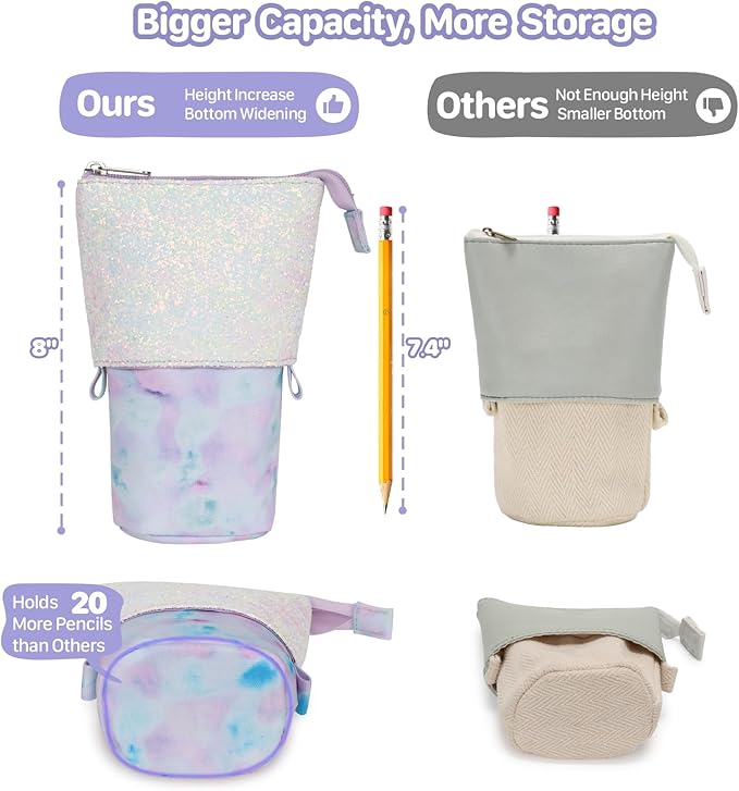 Standing Pencil Case Girls - Telescopic Pouch for Kids, Cute Kawaii Pencil Case for Girls, Big Capacity Stand Up Pencil Pouch for Kids, Tie-dye Purple