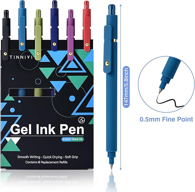 Gel Pens, 6 Pack 0.5mm Fine Point Pen Black Ink with 6 Refills, Quick Dry & No Smear, Smooth Writing Pens for Journaling, School, Aesthetic Office Supplies, Nurse Pens