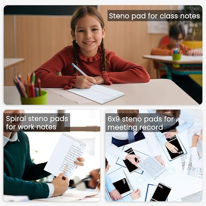 Steno Pads Spiral 6x9 12 Pack | Steno Notebooks Top Spiral Notepad | Steno Notepad 50 Sheets Each | Gregg Ruled Spirals Notebook 6x9 | Notebooks for Work.