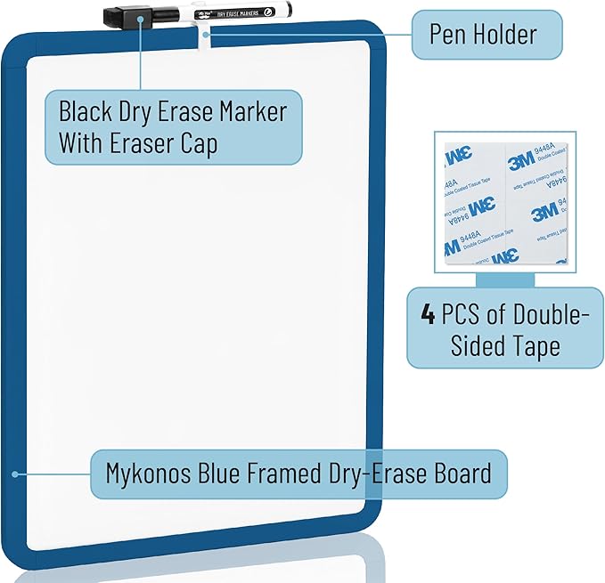 Mr. Pen- Dry Erase Board, 14” x 11” with a Black Dry Erase Marker, Dark Blue Frame, Small Mini White Board for Students, Fridge, Wall, Locker, Includes Double Sided Tapes