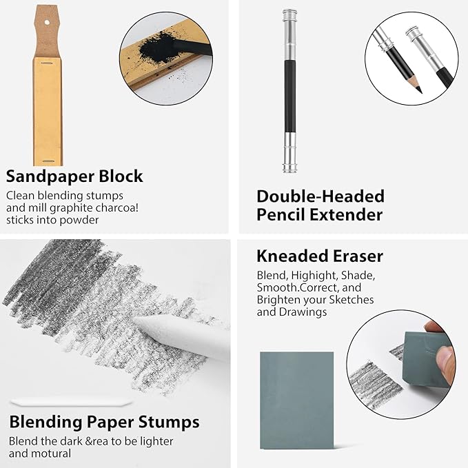 22-Piece Drawing kit Sketch Pencils Set - Graphite Pencils (6H-10B) Black and White Charcoal Pencil Charcoal Sticks - Drawing Pencil Kit for Artists Adults Teens Beginner, Ideal for Shading, Blending