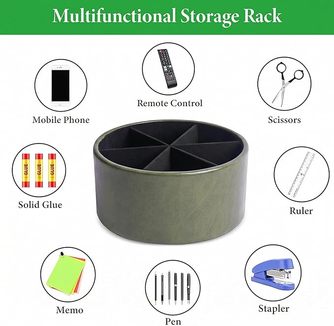 Remote Control Holder, 360°Spinning PU Leather Desk TV Remote Caddy,Desk Storage Box Room Accessories for Controller, Media,Mail,Calculator, Mobile Phone,Pencil(1-Oil Green)